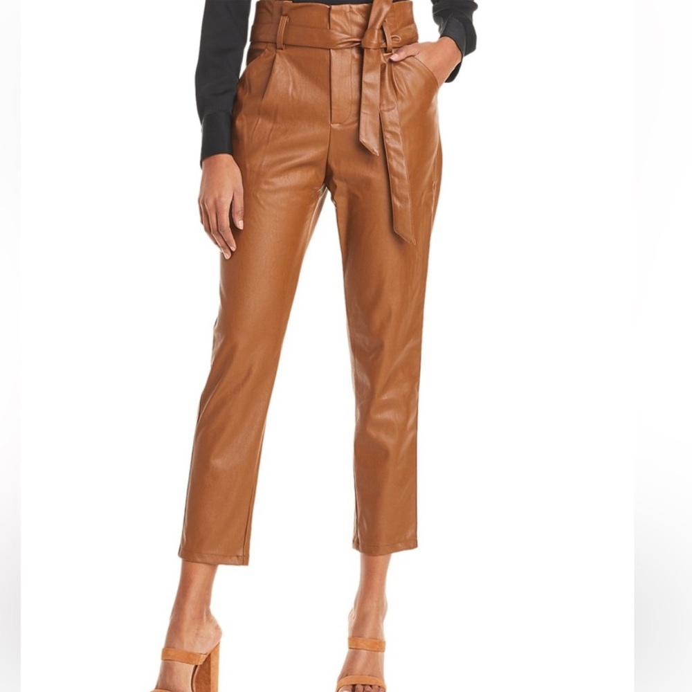 NWT Lucy Paris Alaina Faux Leather Paperbag-Waist Pants in Cognac Tan